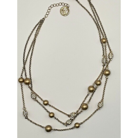 CROWN TRIFARI  VTG Multi Strand Gold Tone Bead Rhinestone Necklace 18" - Picture 1 of 8